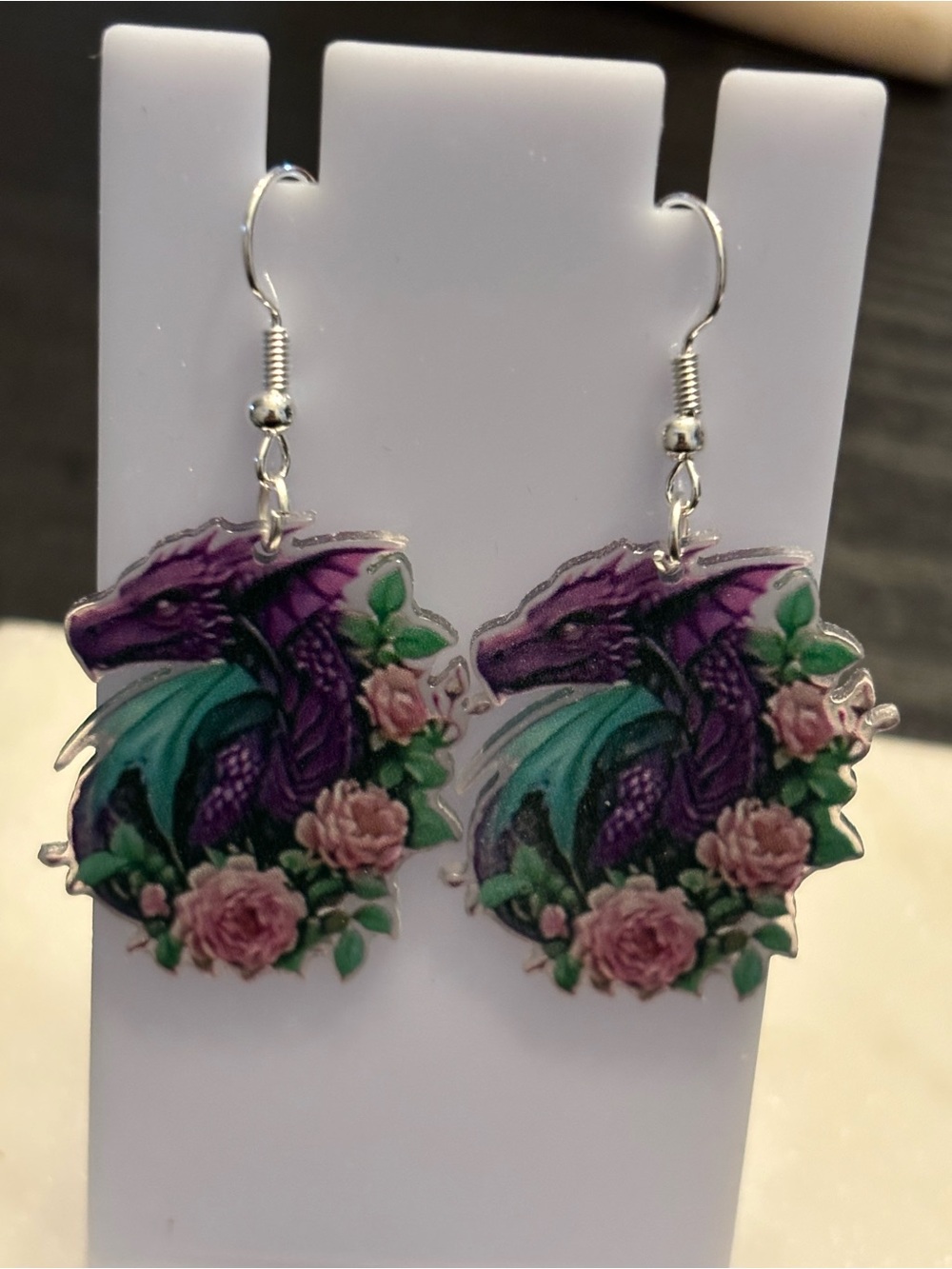 Title: Purple Dragon Rose Acrylic Dangle Earrings | Violet Dragon With Teal Wing